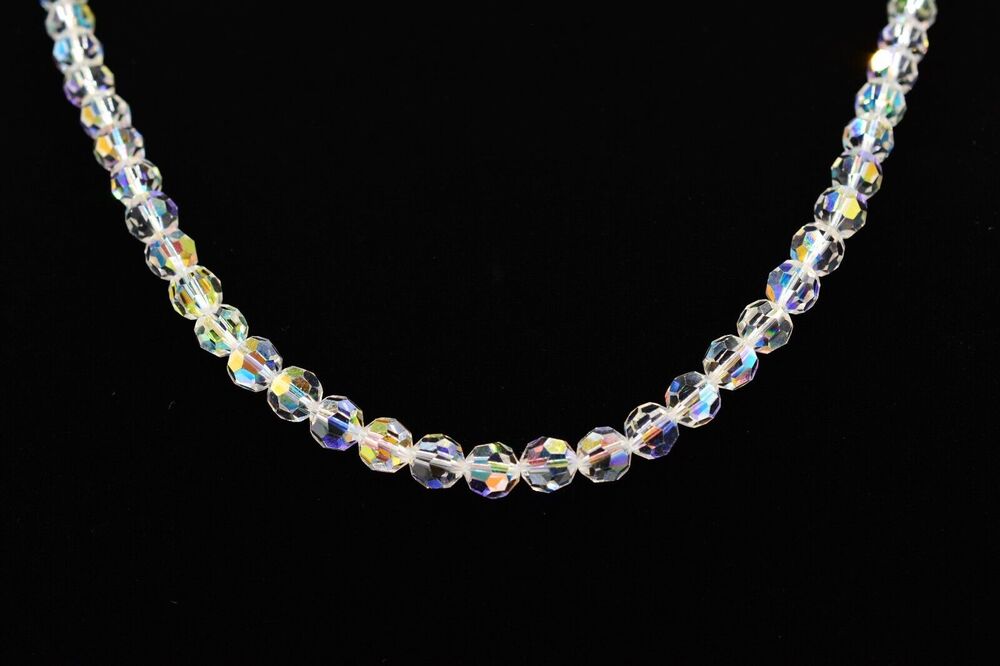 Vintage Crystal Collar Necklace Choker Aurora Borealis Faceted Beaded 1980s BinI